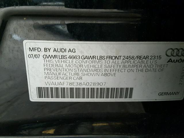 WAUAF78E38A028907 - 2008 AUDI A4 2.0T BLACK photo 10