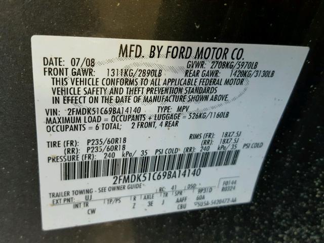 2FMDK51C69BA14140 - 2009 FORD FLEX SE GRAY photo 10