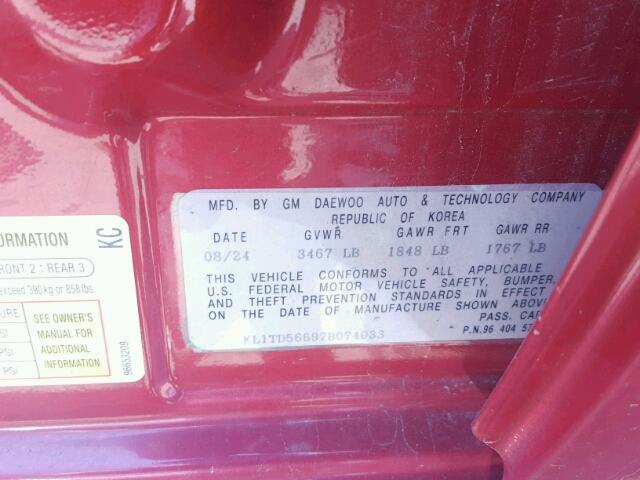 KL1TD56697B074033 - 2007 CHEVROLET AVEO BASE Қызыл фото 10