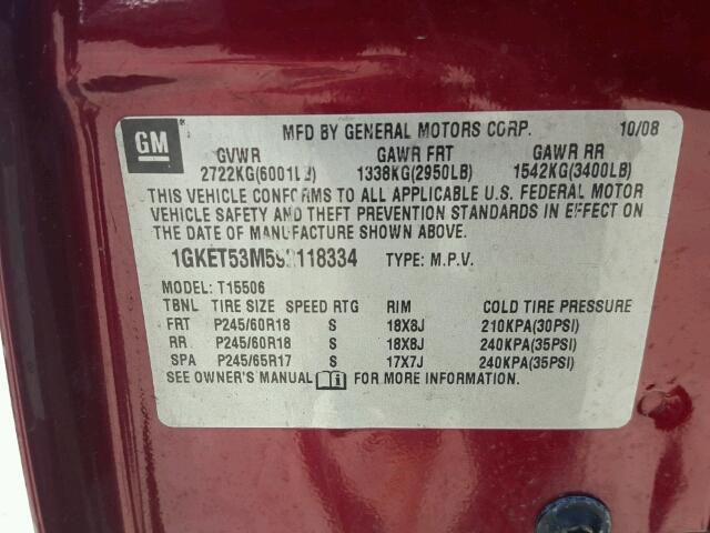 1GKET53M592118334 - 2009 GMC ENVOY DENA BURGUNDY photo 10