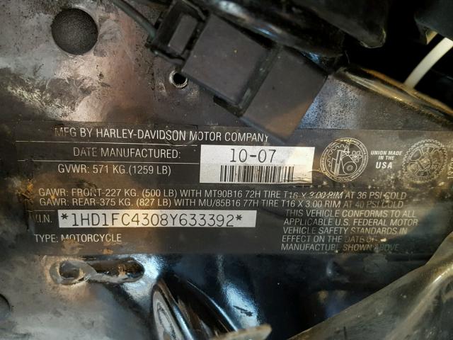 1HD1FC4308Y633392 - 2008 HARLEY-DAVIDSON FLHTCUI BLACK photo 10