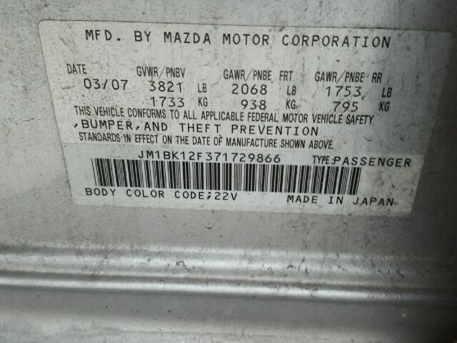 JM1BK12F371729866 - 2007 MAZDA 3 SILVER photo 10