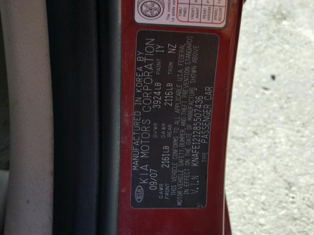 KNAFE121285507436 - 2008 KIA SPECTRA EX RED photo 10