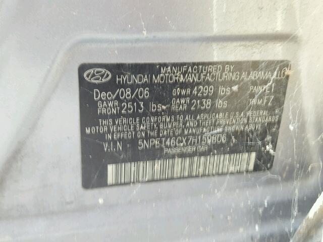 5NPET46CX7H159806 - 2007 HYUNDAI SONATA GLS GRAY photo 10