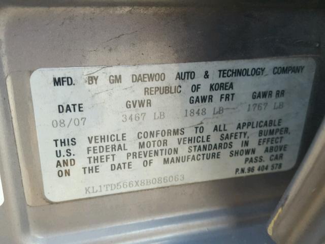 KL1TD566X8B086063 - 2008 CHEVROLET AVEO BASE Gris photo 10