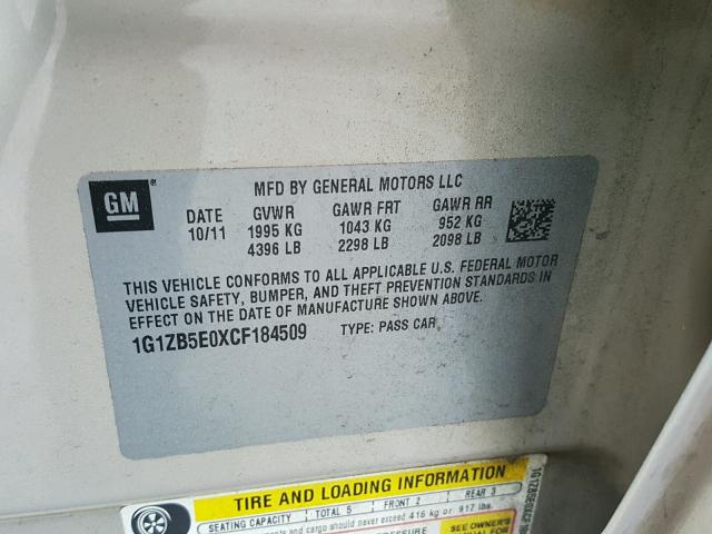 1G1ZB5E0XCF184509 - 2012 CHEVROLET MALIBU LS Bej foto 10