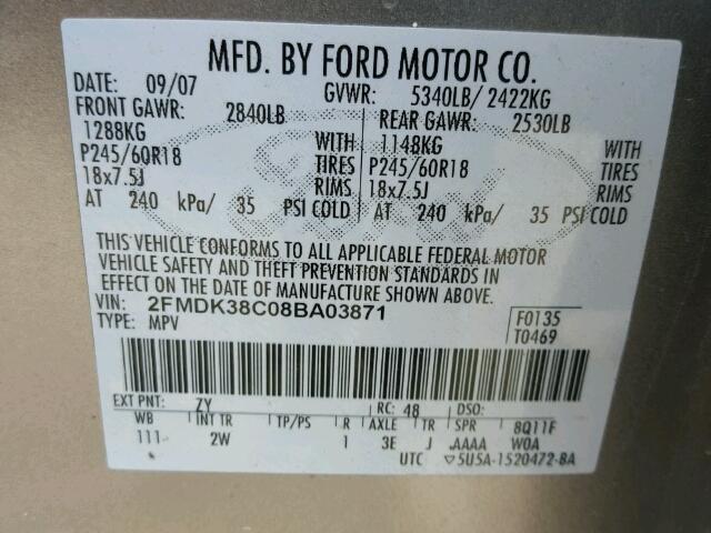 2FMDK38C08BA03871 - 2008 FORD EDGE SEL TAN photo 10