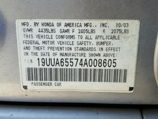 19UUA65574A008605 - 2004 ACURA TL SILVER photo 10