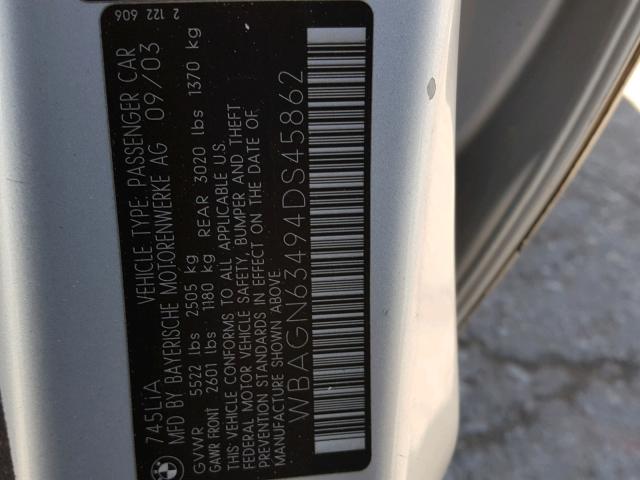 WBAGN63494DS45862 - 2004 BMW 745 LI Plata foto 10