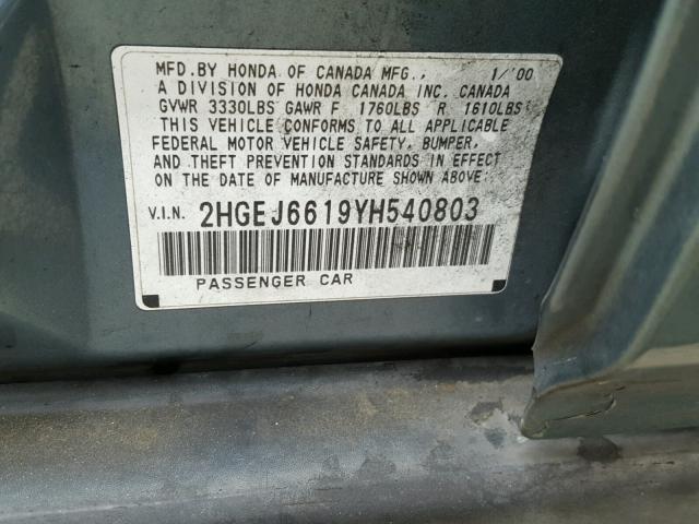 2HGEJ6619YH540803 - 2000 HONDA CIVIC BASE BLUE photo 10