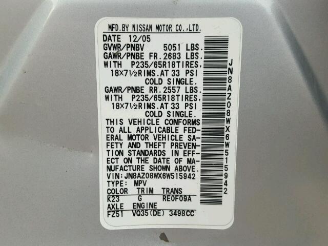 JN8AZ08WX6W515942 - 2006 NISSAN MURANO SE/ SILVER photo 10