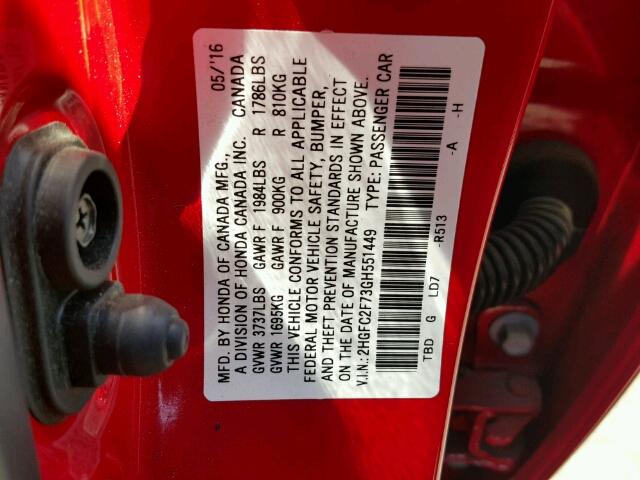 2HGFC2F73GH551449 - 2016 HONDA CIVIC EX RED photo 10