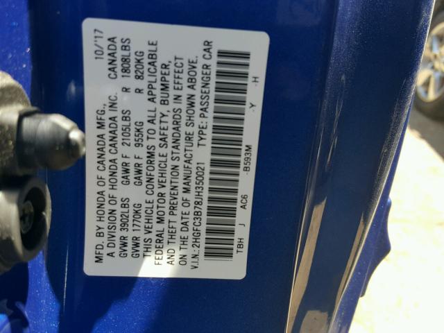2HGFC3B78JH350021 - 2018 HONDA CIVIC EXL 蓝色 照片 10