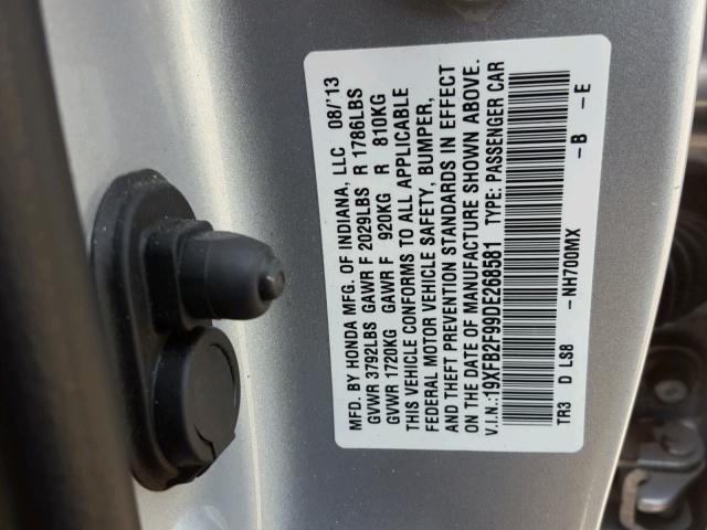 19XFB2F99DE268581 - 2013 HONDA CIVIC EXL SILVER photo 10
