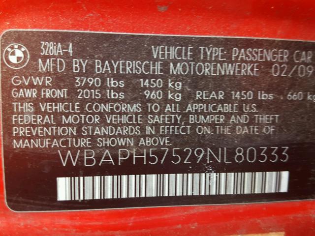 WBAPH57529NL80333 - 2009 BMW 328 I SULE RED photo 10