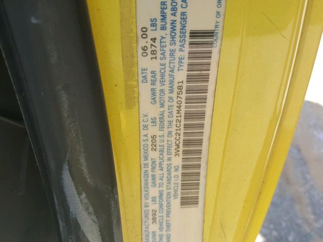 3VWCC21C21M407581 - 2001 VOLKSWAGEN NEW BEETLE YELLOW photo 10