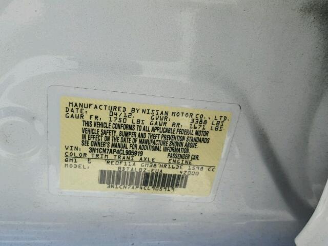 3N1CN7AP4CL905919 - 2012 NISSAN VERSA S WHITE photo 10