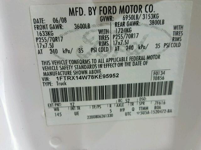 1FTRX14W78KE95952 - 2008 FORD F150 WHITE photo 10