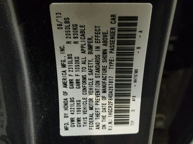 1HGCR2F84DA267817 - 2013 HONDA ACCORD EXL GRAY photo 10