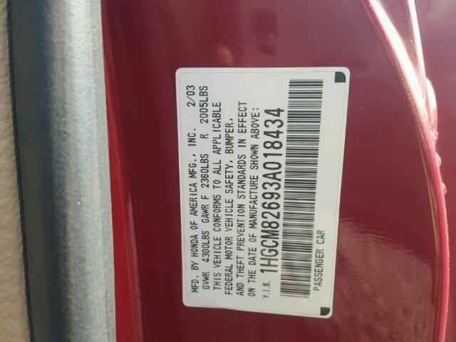 1HGCM82693A018434 - 2003 HONDA ACCORD EX RED photo 10