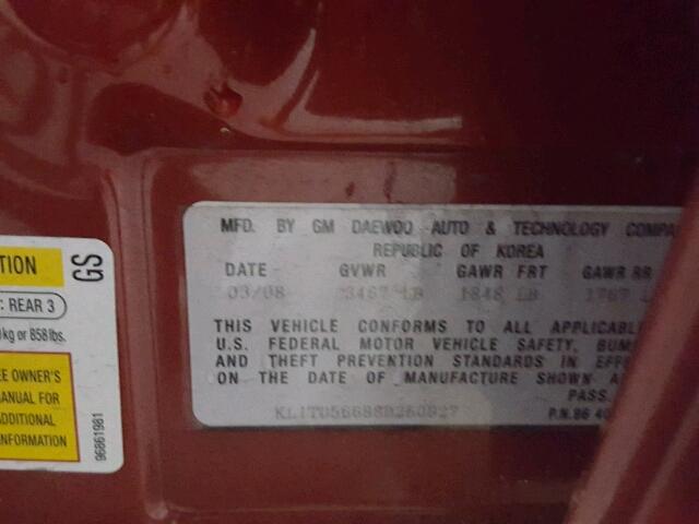 KL1TD56688B250927 - 2008 CHEVROLET AVEO RED photo 10