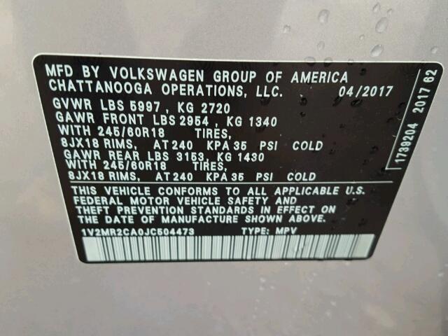 1V2MR2CA0JC504473 - 2018 VOLKSWAGEN ATLAS SEL SILVER photo 10