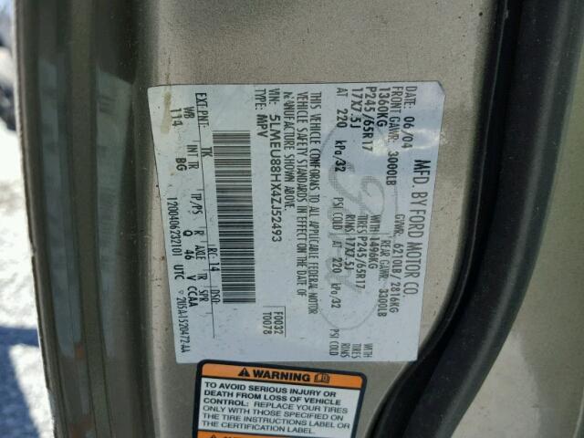 5LMEU88HX4ZJ52493 - 2004 LINCOLN AVIATOR 灰色 照片 10