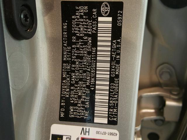 4T1BK1EB5GU211146 - 2016 TOYOTA AVALON XLE BLACK photo 10