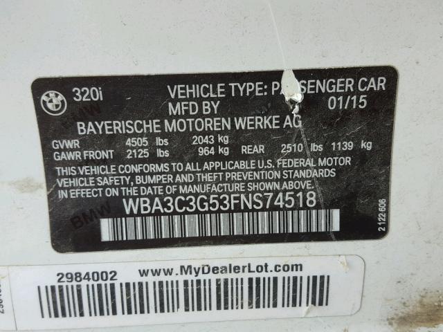 WBA3C3G53FNS74518 - 2015 BMW 320 I WHITE photo 10