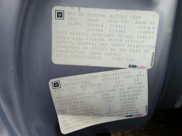 1G1BL82P1RR163931 - 1994 CHEVROLET CAPRICE CL 蓝色 照片 10