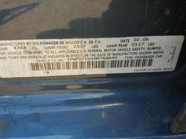 3VWPG71K56M768840 - 2006 VOLKSWAGEN JETTA VALU BLUE photo 10