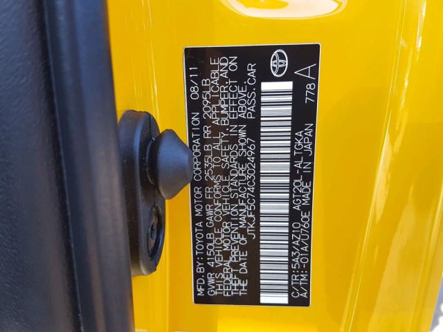 JTKJF5C74C3024967 - 2012 TOYOTA SCION TC ყვითელი ფოტო 10