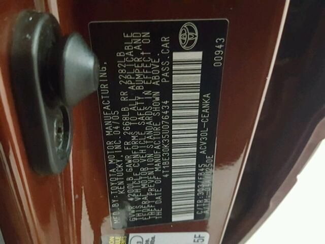4T1BE30K35U076434 - 2005 TOYOTA CAMRY LE წითელი ფოტო 10
