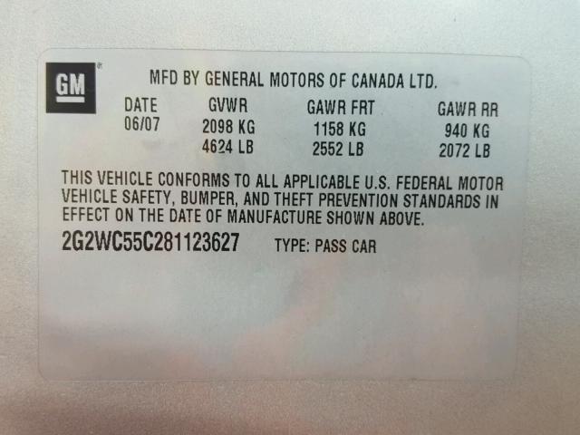 2G2WC55C281123627 - 2008 PONTIAC GRAND PRIX Արծաթագույն լուսանկար 10