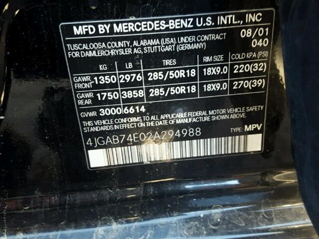 4JGAB74E02A294988 - 2002 MERCEDES-BENZ ML 55 BLACK photo 10