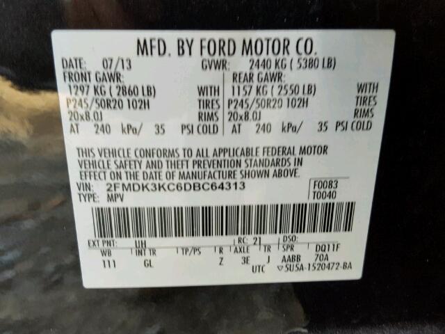 2FMDK3KC6DBC64313 - 2013 FORD EDGE LIMIT BLACK photo 10