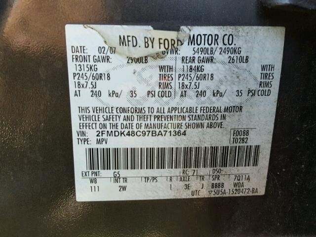 2FMDK48C97BA71364 - 2007 FORD EDGE SEL Siyah fotoğraf 10