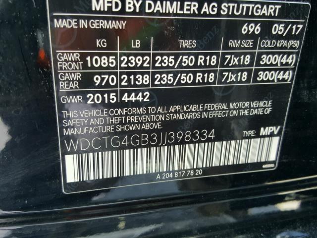 WDCTG4GB3JJ398334 - 2018 MERCEDES-BENZ GLA 250 4M BLACK photo 10