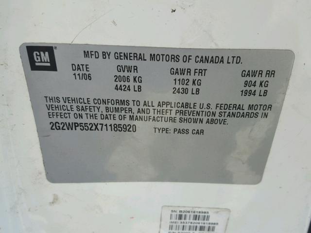 2G2WP552X71185920 - 2007 PONTIAC GRAND PRIX WHITE photo 10