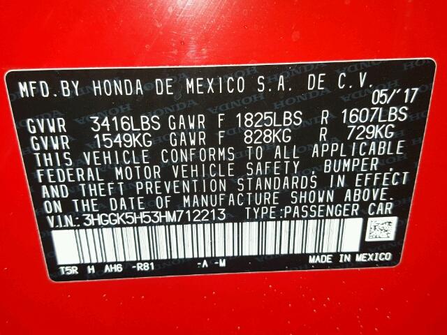 3HGGK5H53HM712213 - 2017 HONDA FIT LX RED photo 10