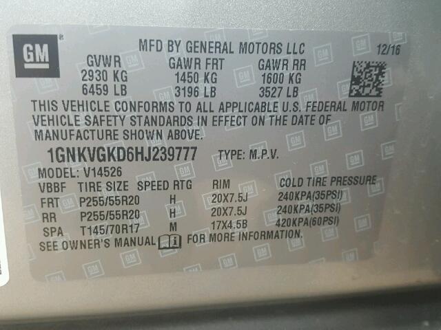 1GNKVGKD6HJ239777 - 2017 CHEVROLET TRAVERSE SILVER photo 10