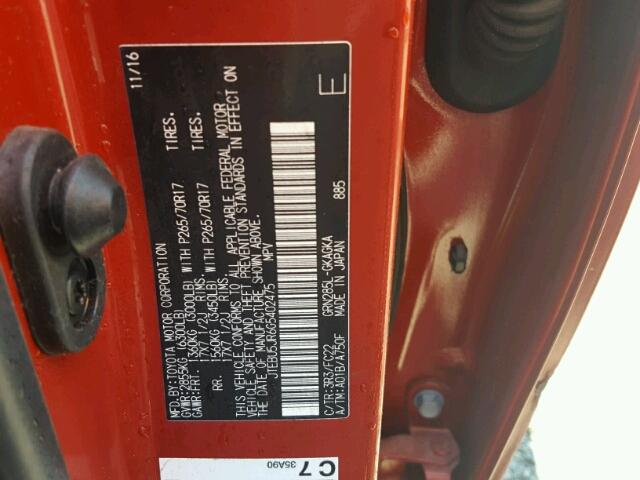 JTEBU5JR6G5402475 - 2016 TOYOTA 4RUNNER SR RED photo 10