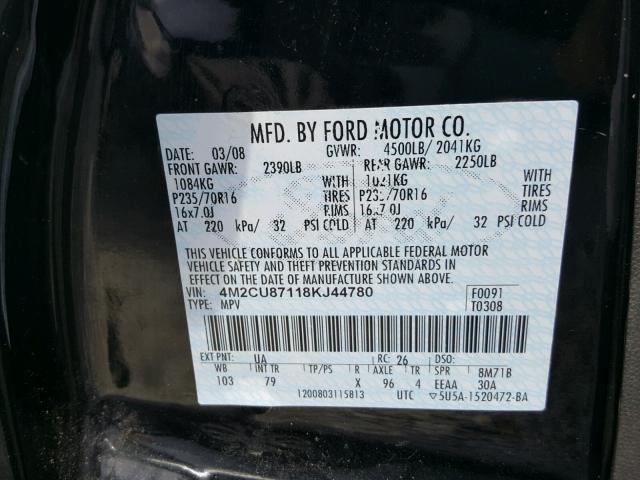 4M2CU87118KJ44780 - 2008 MERCURY MARINER PR BLACK photo 10