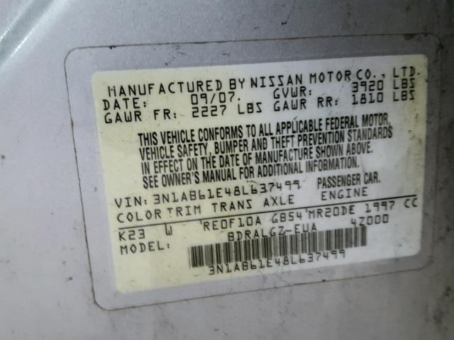 3N1AB61E48L637499 - 2008 NISSAN SENTRA 2.0 SILVER photo 10