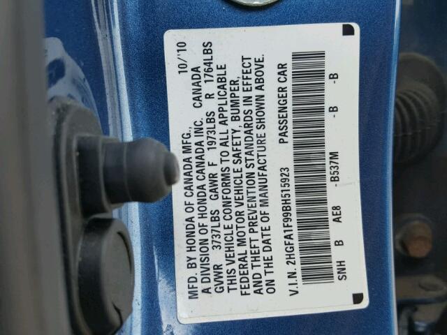 2HGFA1F99BH515923 - 2011 HONDA CIVIC EXL 蓝色 照片 10