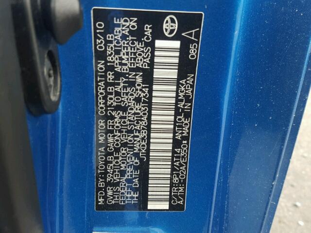 JTKDE3B78A0317341 - 2010 TOYOTA SCION TC BLUE photo 10