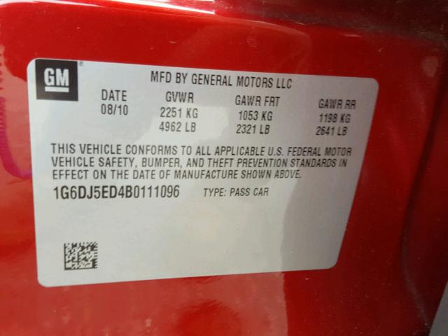 1G6DJ5ED4B0111096 - 2011 CADILLAC CTS PERFOR BURGUNDY photo 10