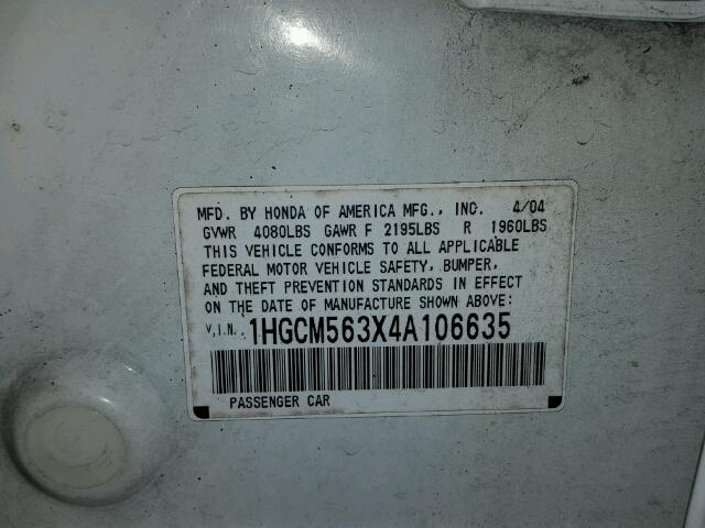 1HGCM563X4A106635 - 2004 HONDA ACCORD WHITE photo 10