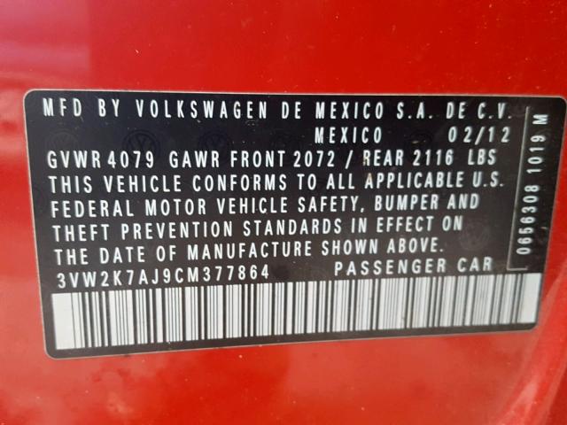 3VW2K7AJ9CM377864 - 2012 VOLKSWAGEN JETTA BASE 红色 照片 10