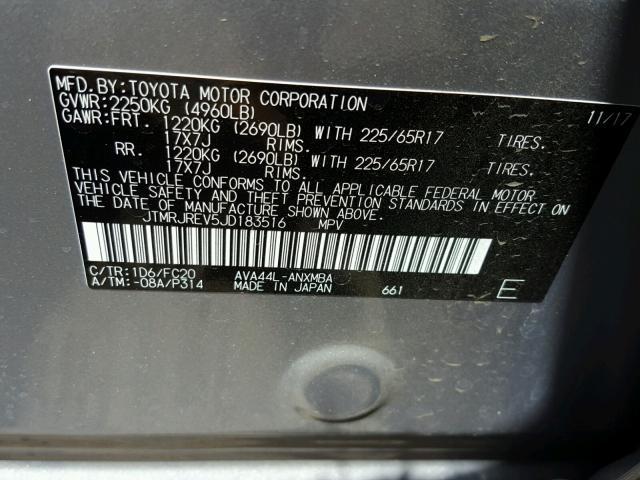 JTMRJREV5JD183516 - 2018 TOYOTA RAV4 HV LE SILVER photo 10